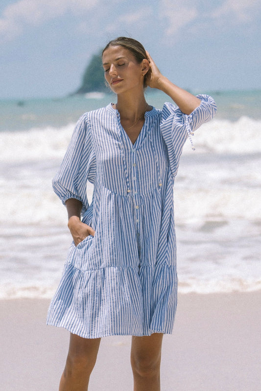 Heychic Riley Stripe Button Down Mini Dress (Blue)