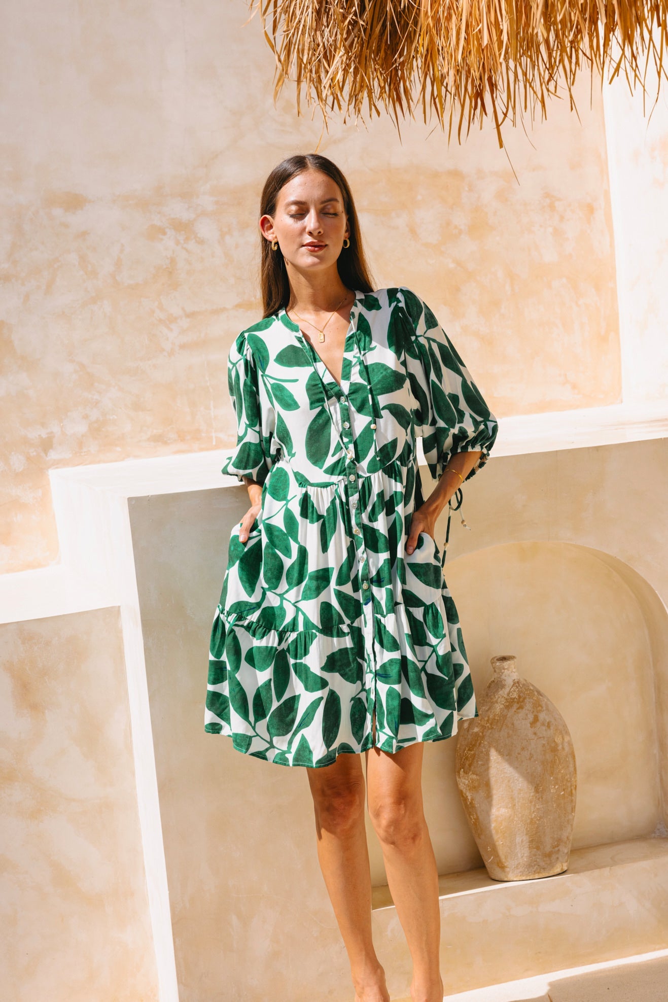 Heychic Ivy Tropical Button Down Mini Dress (Green)