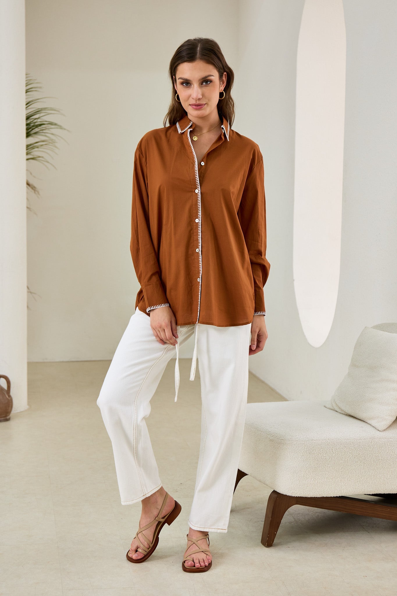 Heychic Renae Contrast Blanket Stitch Shirt (Rust)