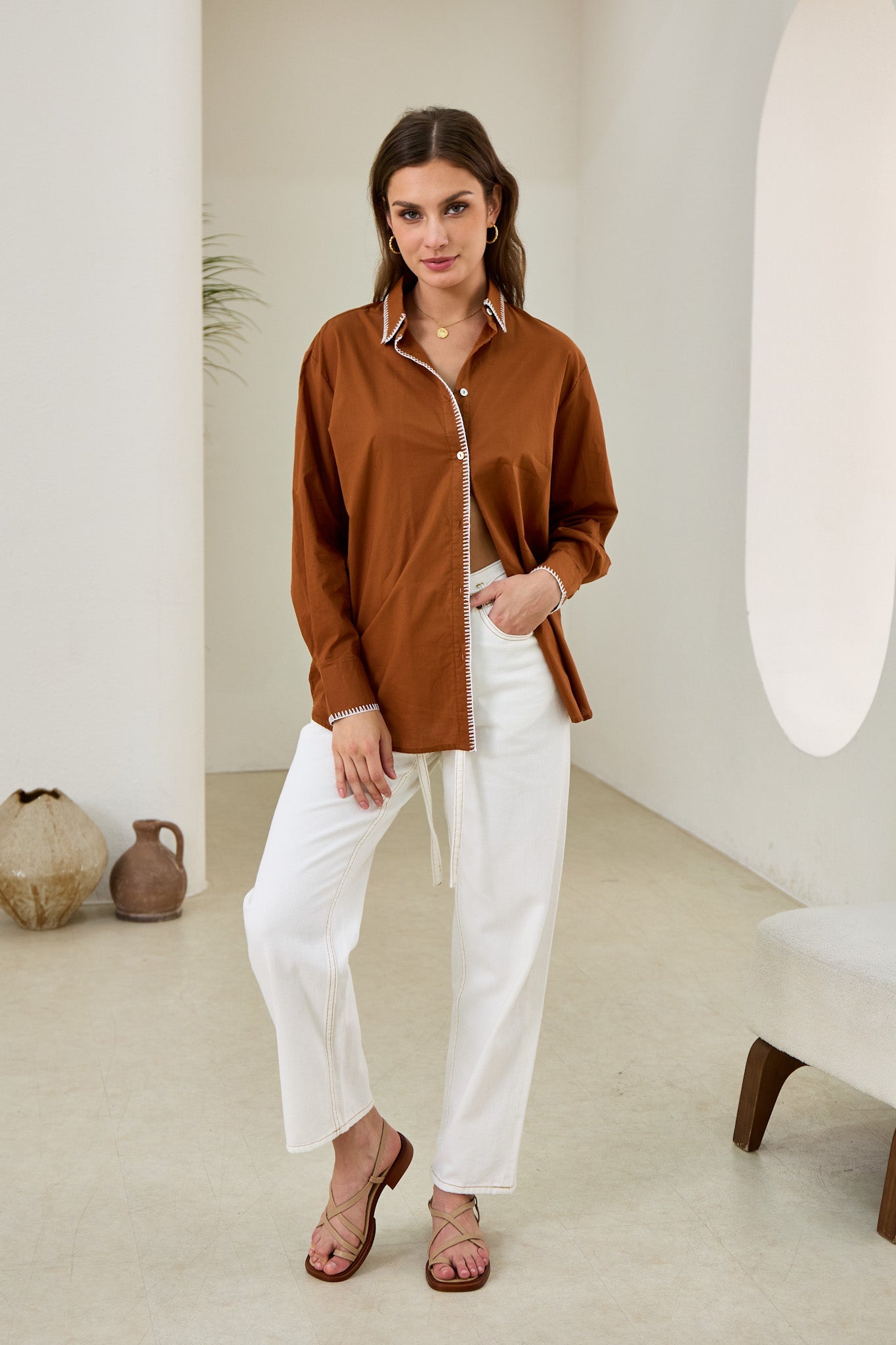 Heychic Renae Contrast Blanket Stitch Shirt (Rust)