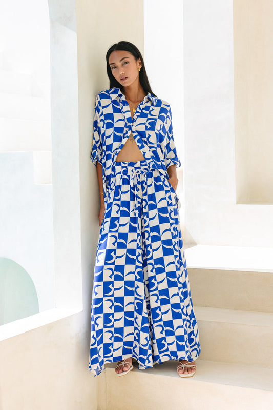 Heychic Nysa Geo Tile Wide Leg Cropped Pants (Blue)