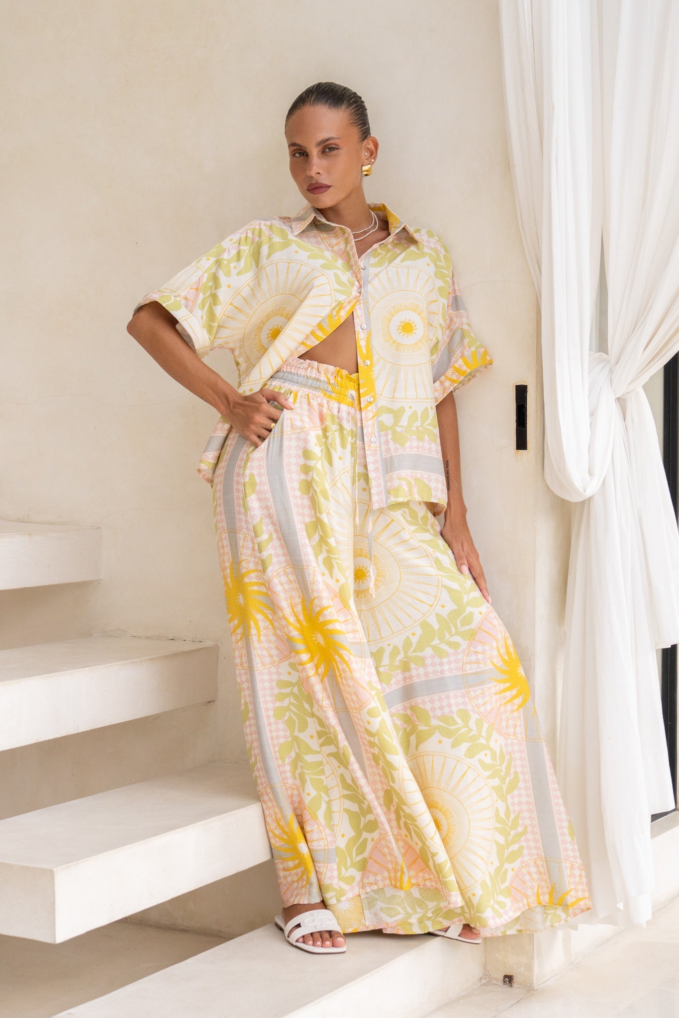 Heychic Aurea Pink Abstract Wide Leg Pants (Yellow)