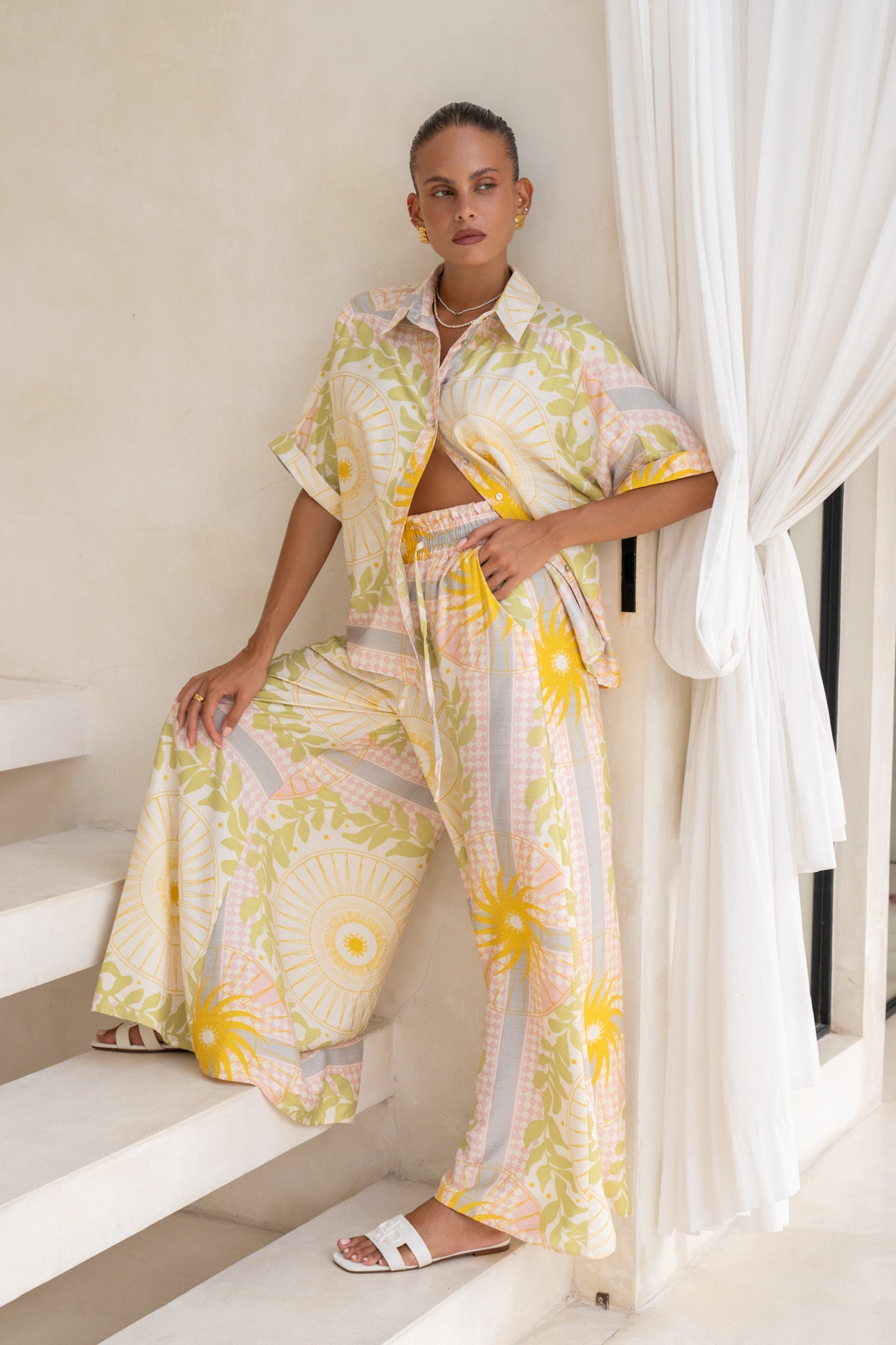 Heychic Aurea Pink Abstract Wide Leg Pants (Yellow)
