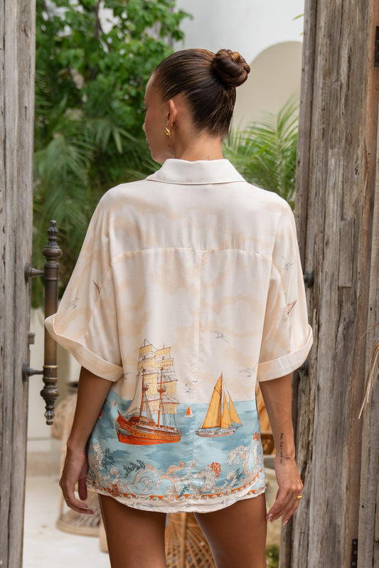 Heychic Marisol Blue Abstract Shirt (Beige)