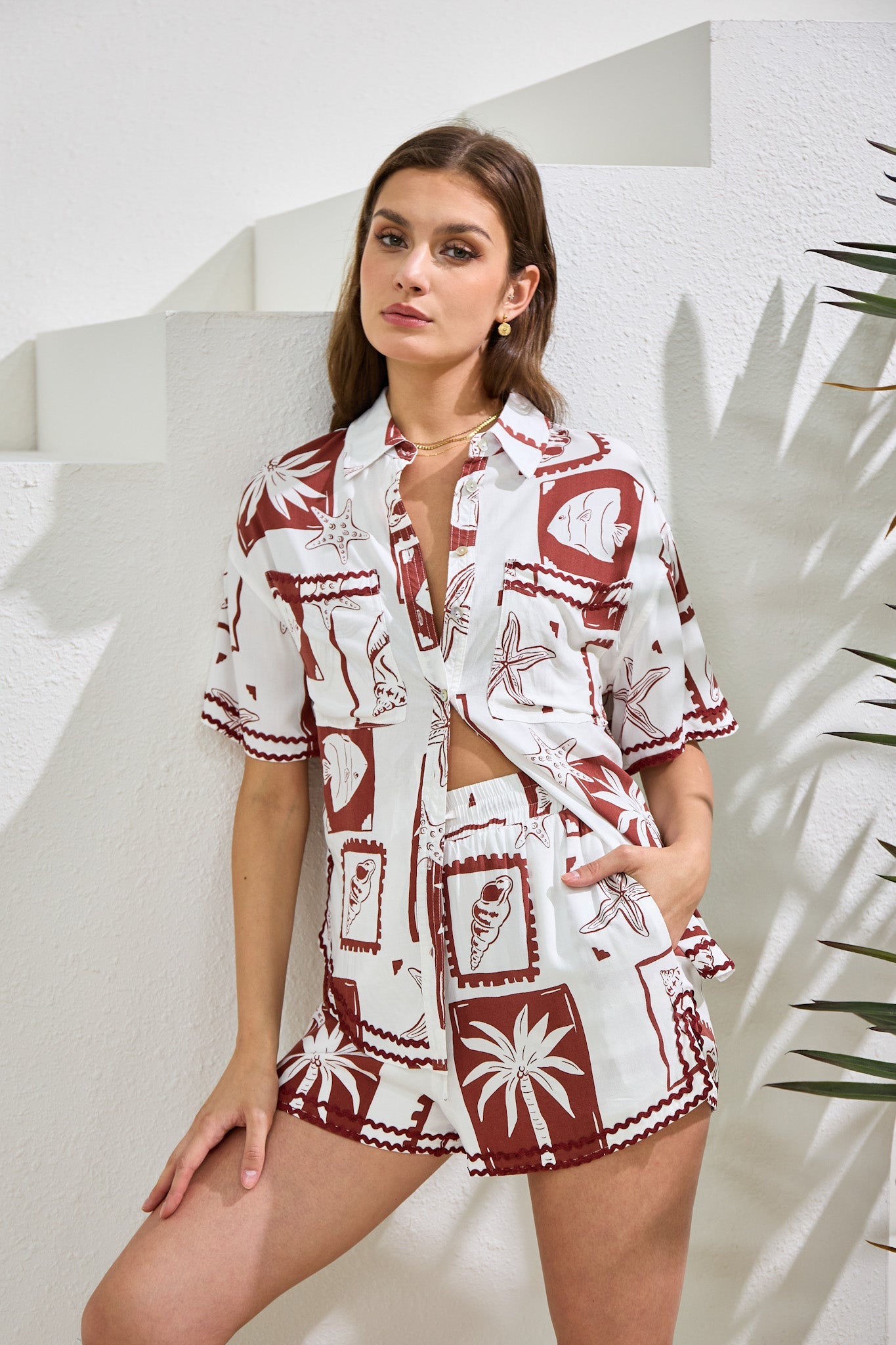 Heychic Mira Sea Shells Tropical Ric Rac Shorts (Brown)