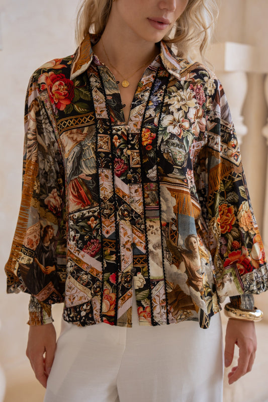 Heychic Alessia Abstract Balloon Sleeve Blouse (Black)