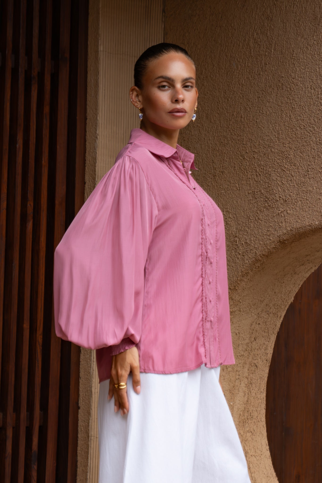 Heychic Rochelle Berry Cupro Balloon Sleeve Blouse (Pink)