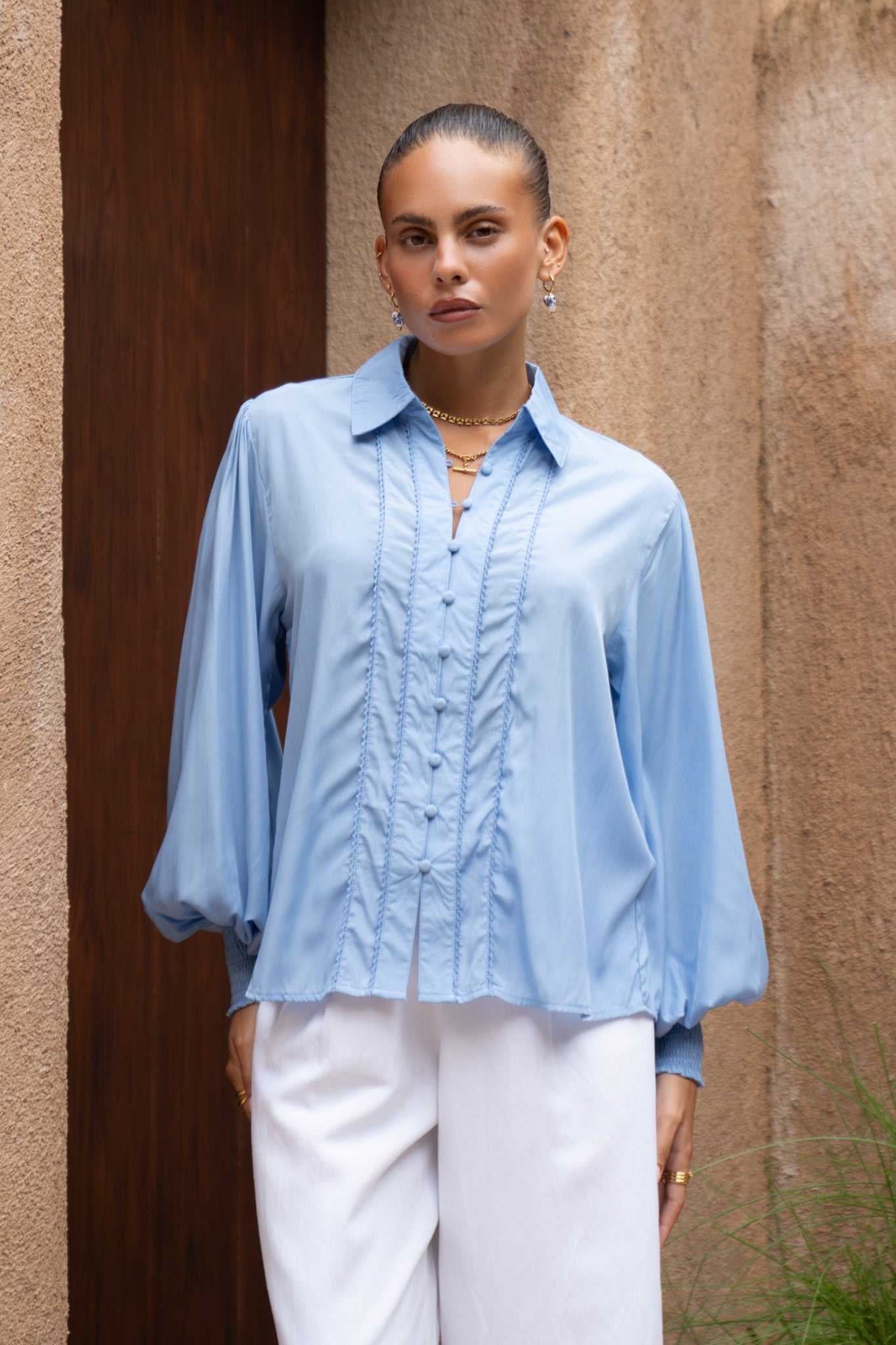 Heychic Rochelle Cupro Balloon Sleeve Blouse (Blue)