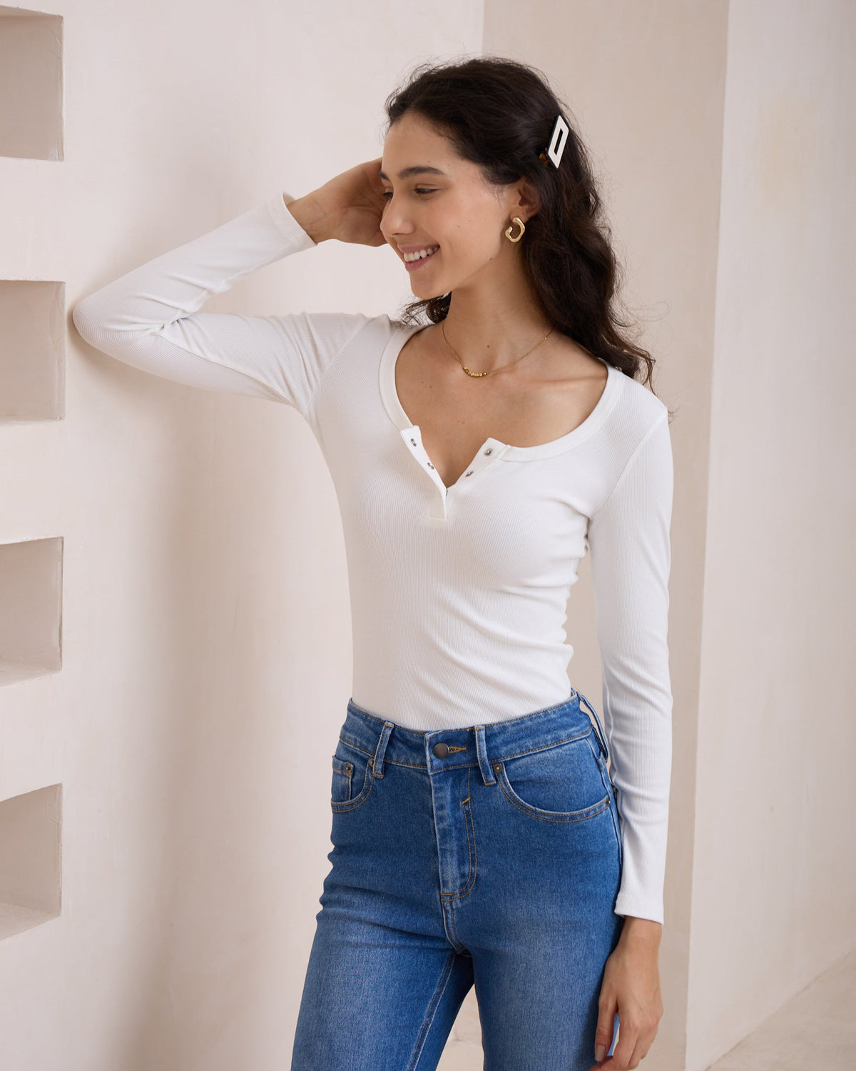 Heychic Ada Ribbed Long Sleeve Top (White)