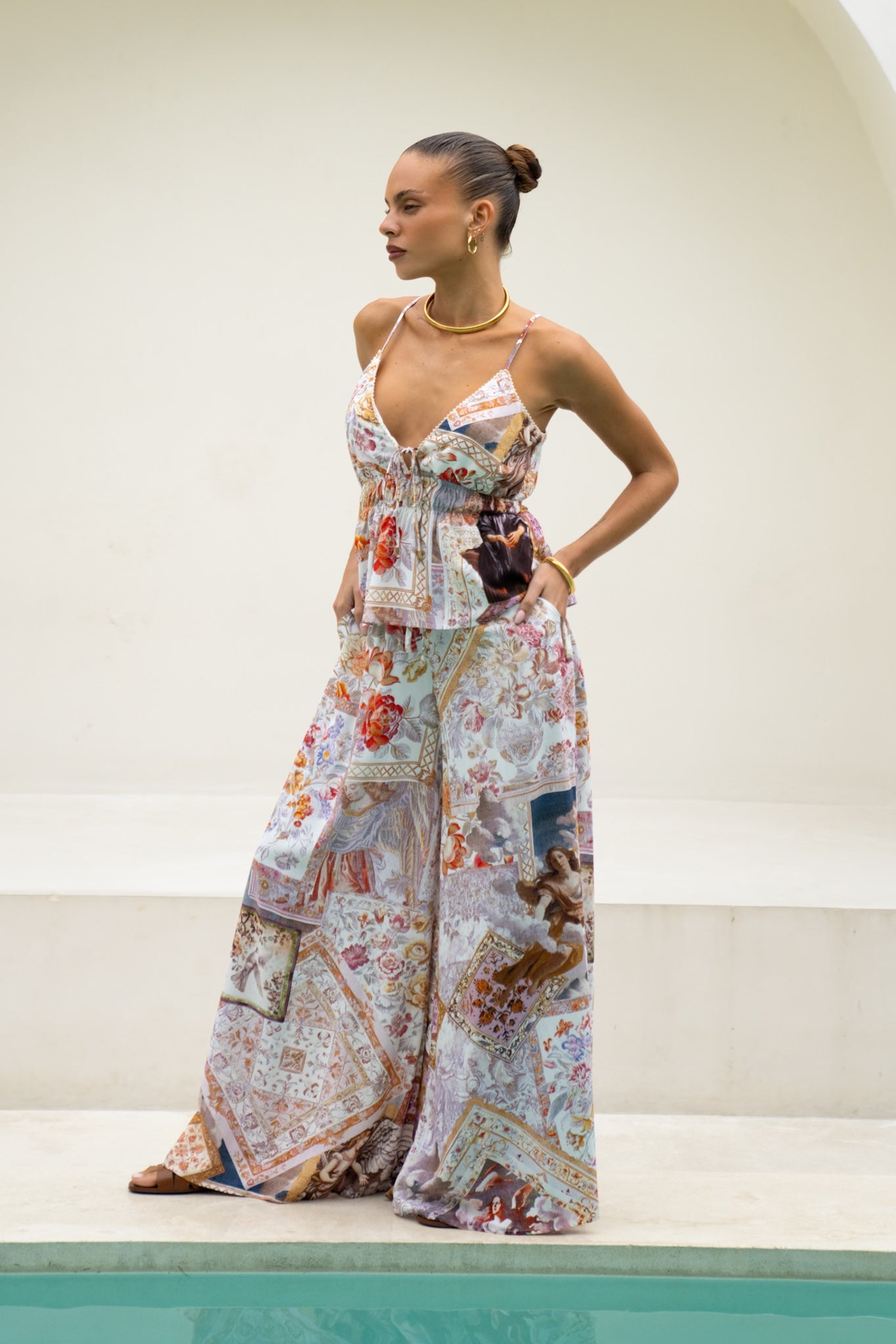 Heychic Kasia Lilac Abstract Wide Leg Pants (Beige)