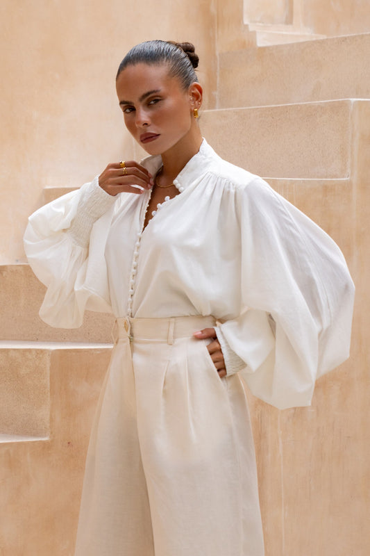 Heychic Erin Button Balloon Sleeve Blouse (White)