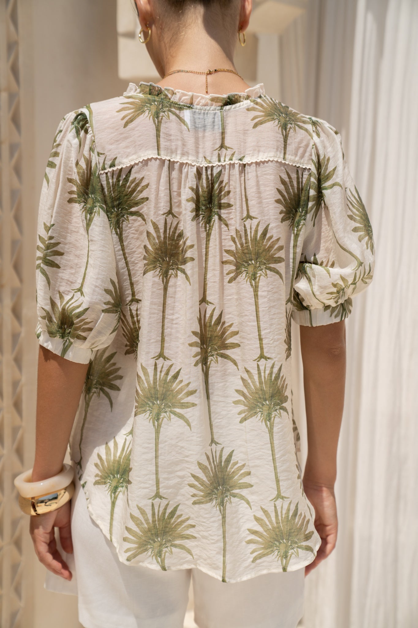 HEYCHIC Palm Tropical Puff Sleeve Blouse (Green)