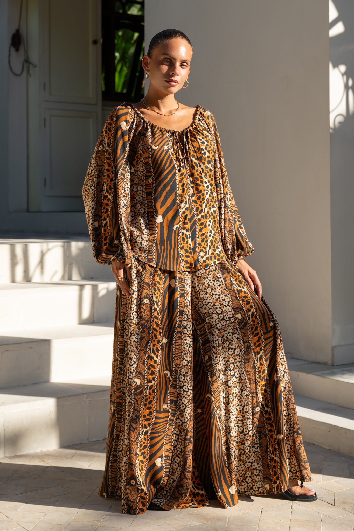 Heychic Malika Leopard Wide Leg Pants (Brown)