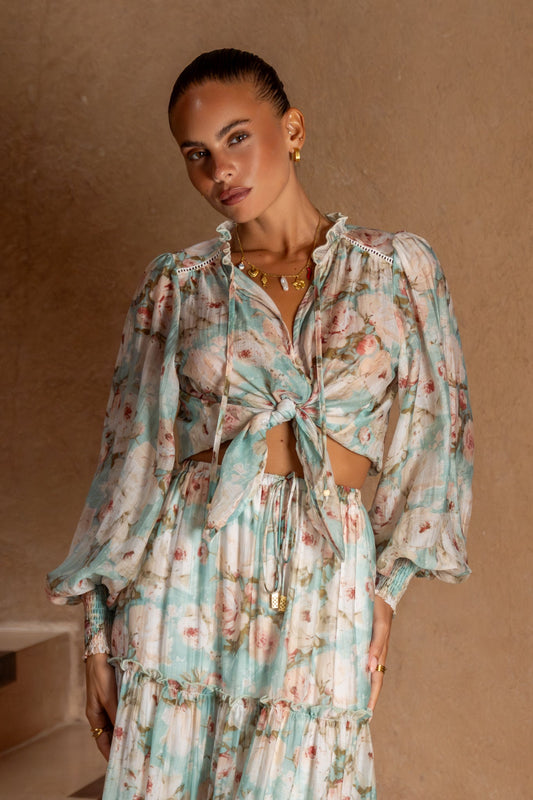 Heychic Rosalind Blue Pink Floral Balloon Sleeve Blouse (Teal)