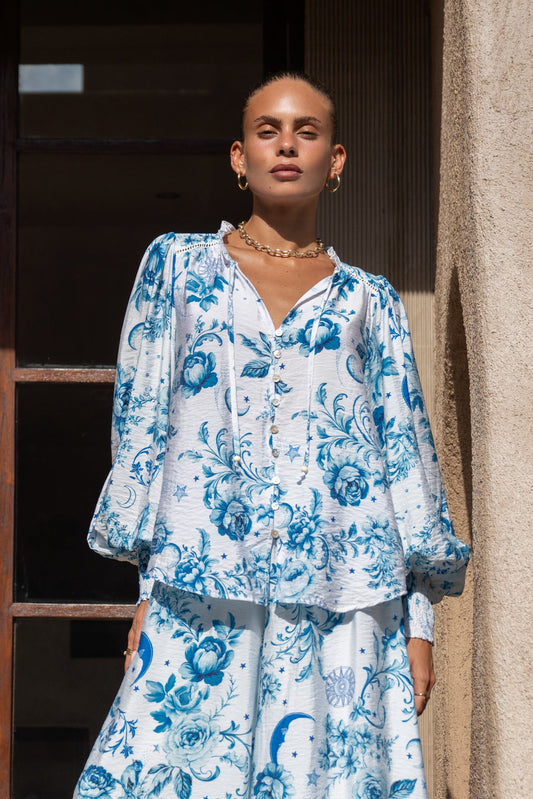 Heychic Lorellina Floral Balloon Sleeve Blouse (Blue)