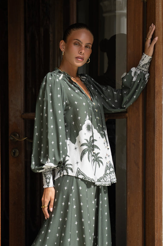 Heychic Arletta Tropical Balloon Sleeve Blouse (Green)