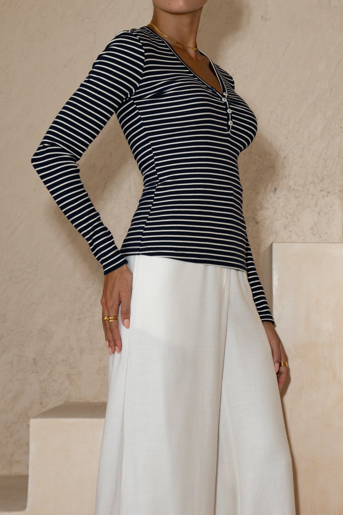 Heychic Blaise Navy Stripe Ribbed Long Sleeve Top (White)