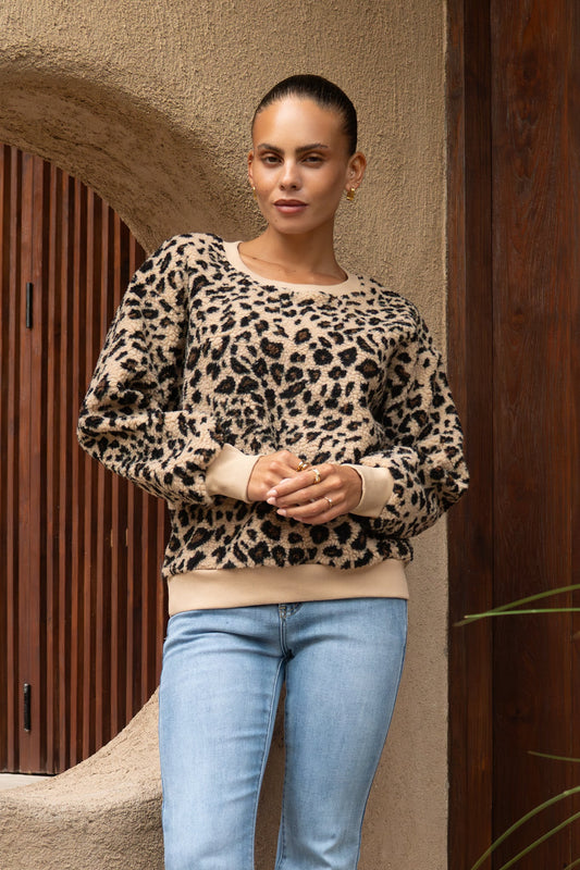 Heychic Zane Leopard Teddy Sweatshirt (Brown)