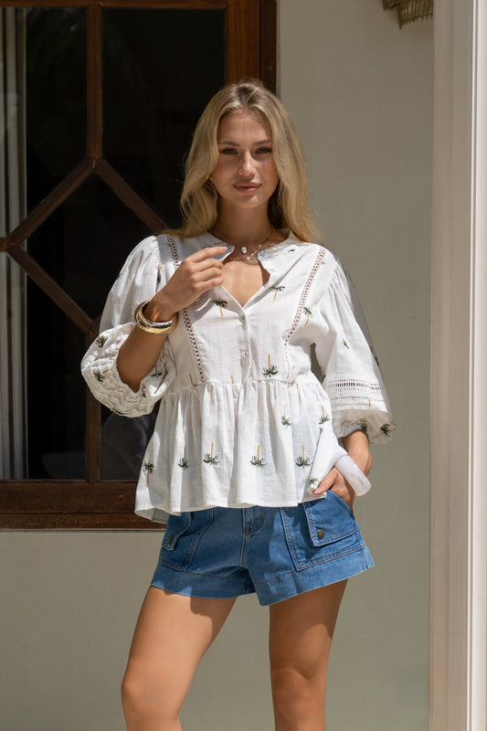 Heychic Little Palms Embroidered Tropical Lace Detail Blouse (Green)