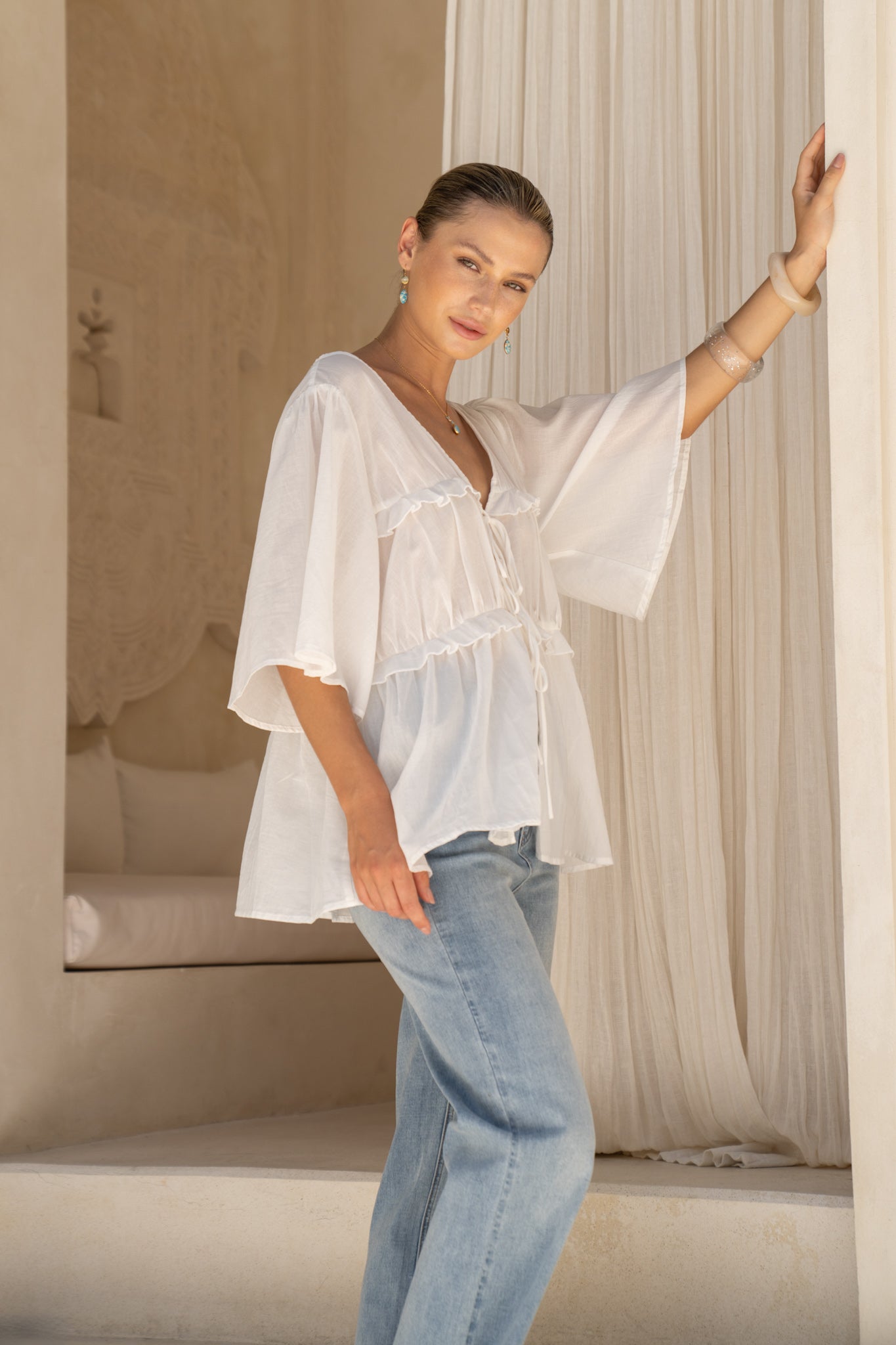HEYCHIC Josienne Frill Tie Detail Blouse (White)
