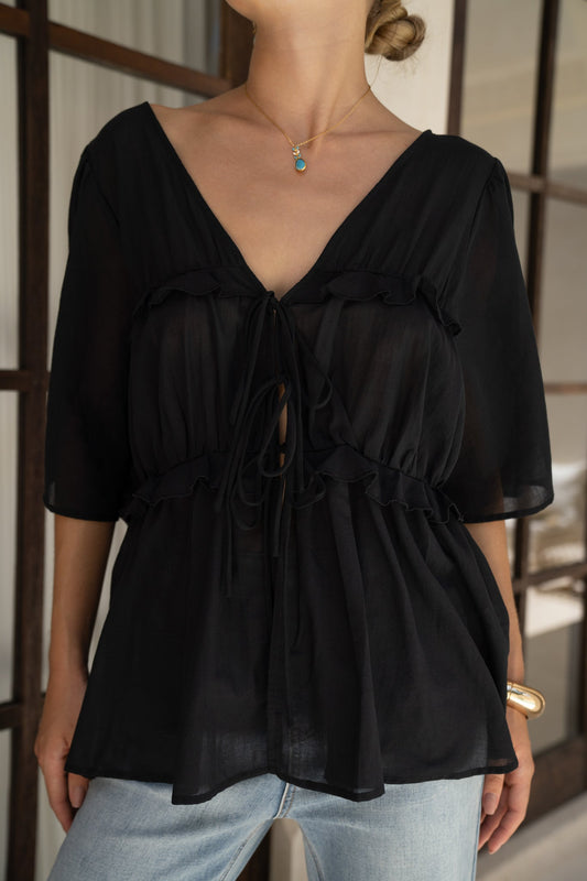 HEYCHIC Josienne Frill Tie Detail Blouse (Black)