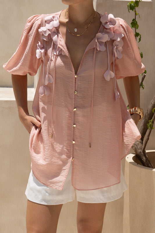 HEYCHIC Bloom Floral Appliqué Blouse (Pink)