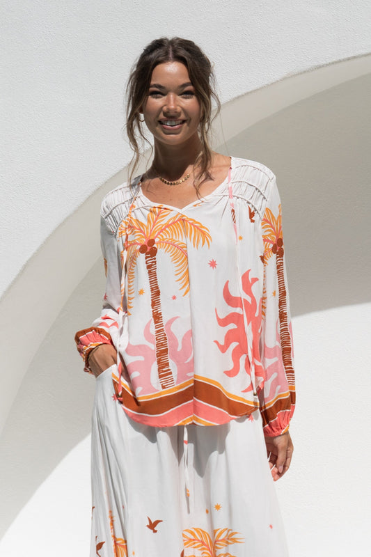 Heychic Soletta Pink Tropical Long Sleeve Blouse (Coral)