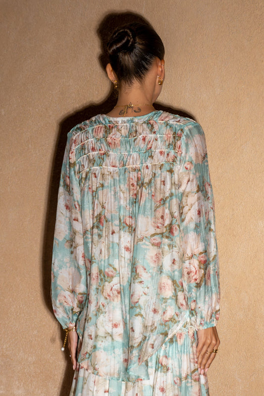 Heychic Rosalind Blue Pink Floral Long Sleeve Blouse (Teal)