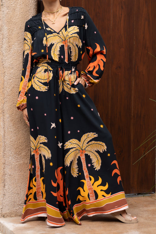 Heychic Solianne Tropical Wide Leg Pants (Black)