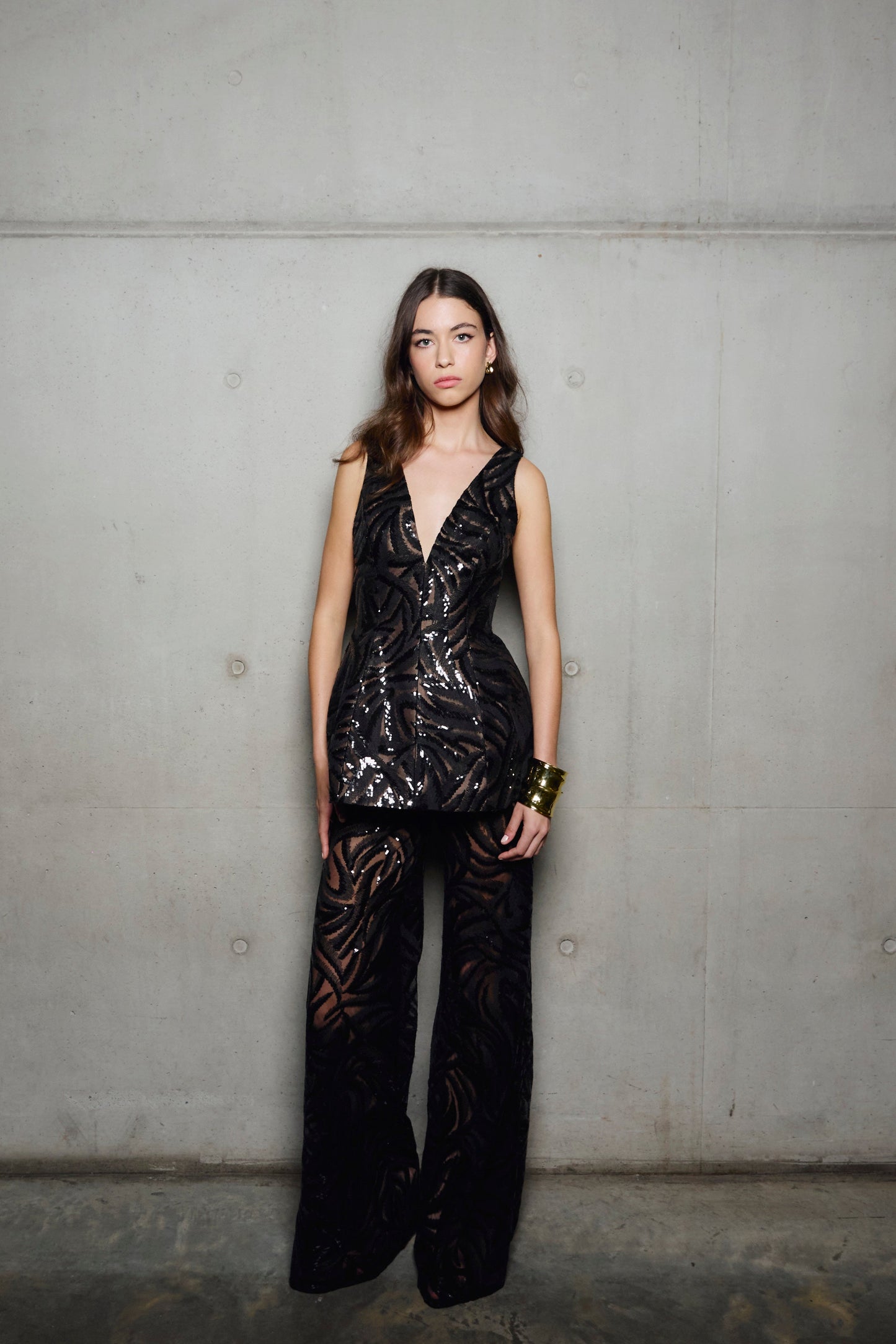 Carla Zampatti Black Swirl Sequin Flare Pant (Navy)