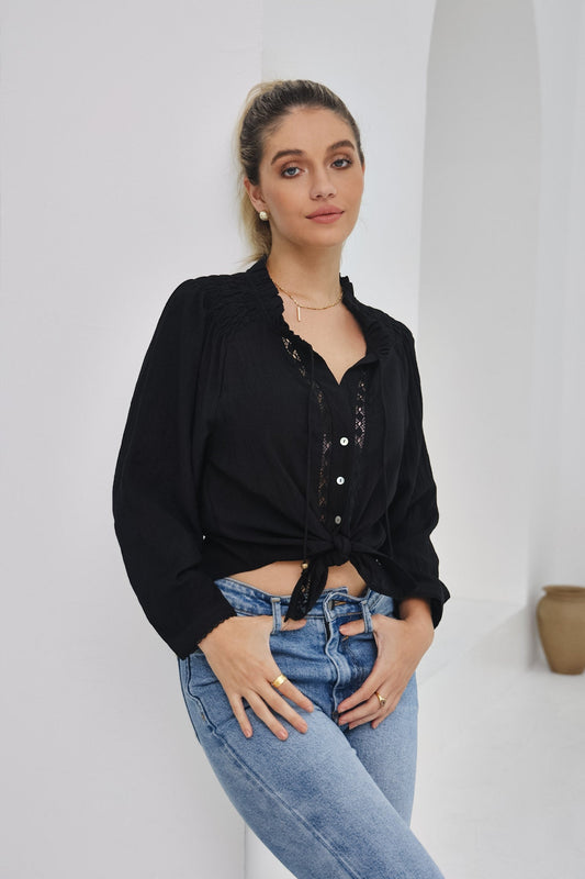 Heychic Clarisse Lace Trim Blouse (Black)