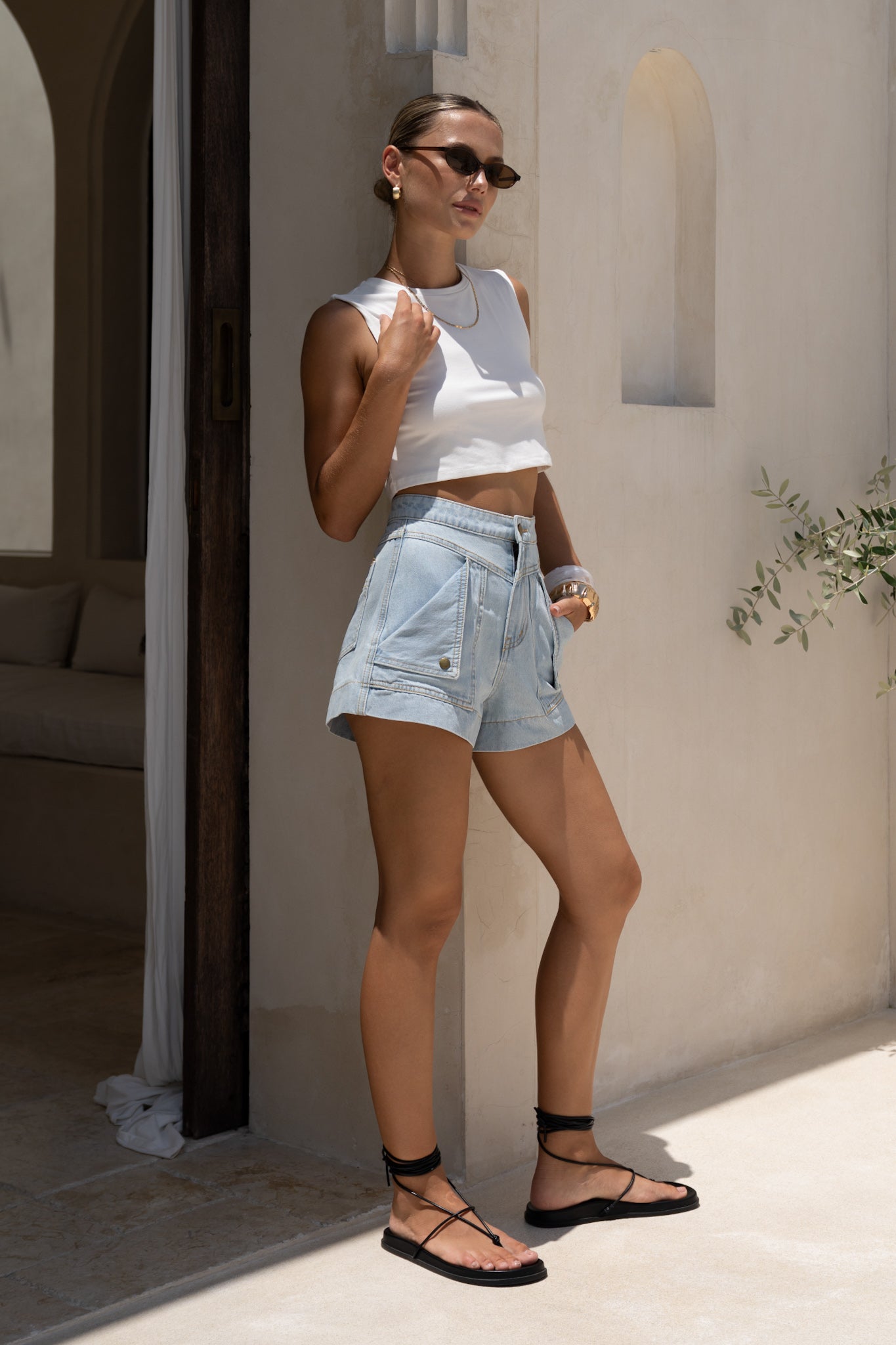 HEYCHIC Denia Light Denim Cargo Shorts (Blue)