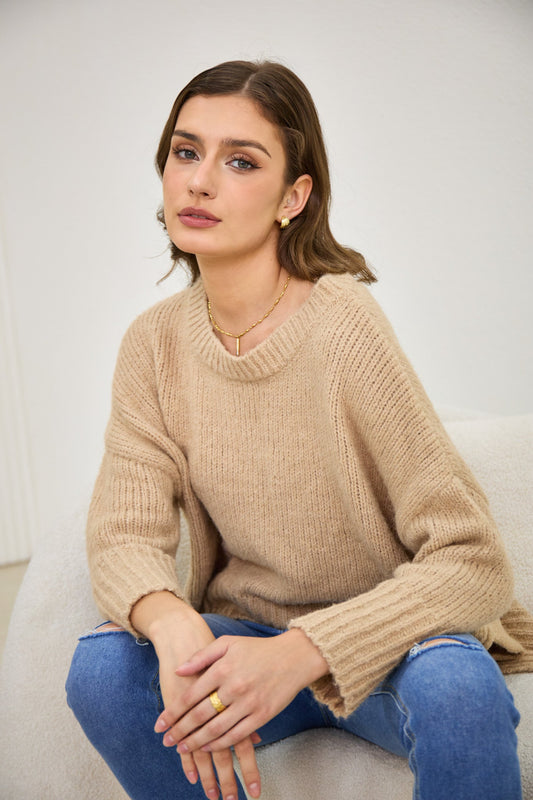 Heychic Nora Step Hem Knit Sweater (Beige)