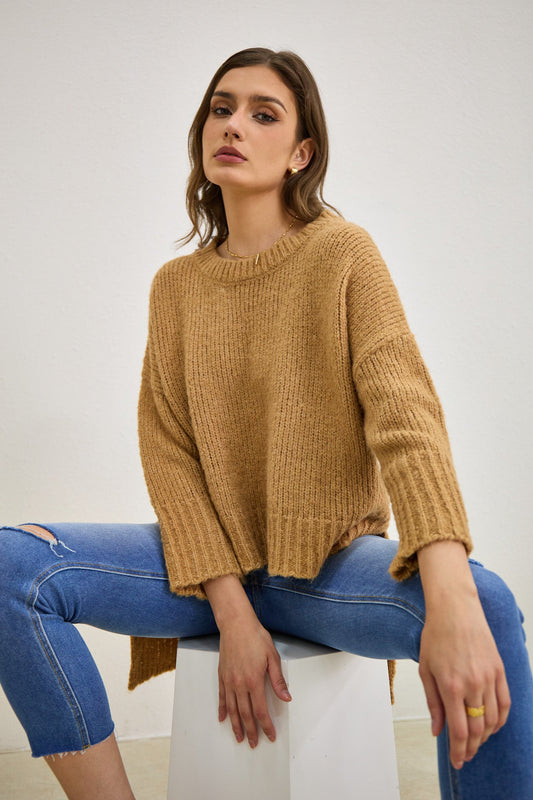 Heychic Nora Step Hem Knit Sweater (Brown)