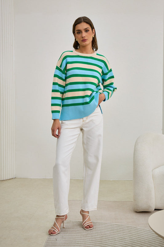Heychic Anya Blue Stripe Knit Sweater (Green)