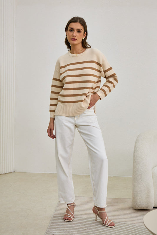 Heychic Anya Stripe Knit Sweater (Beige)