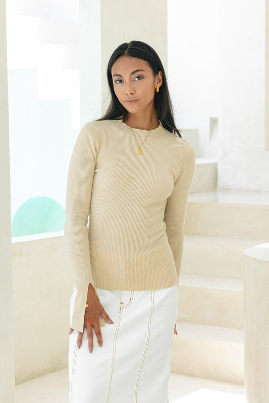 Heychic Vikki Long Sleeve Knit Top (Beige)