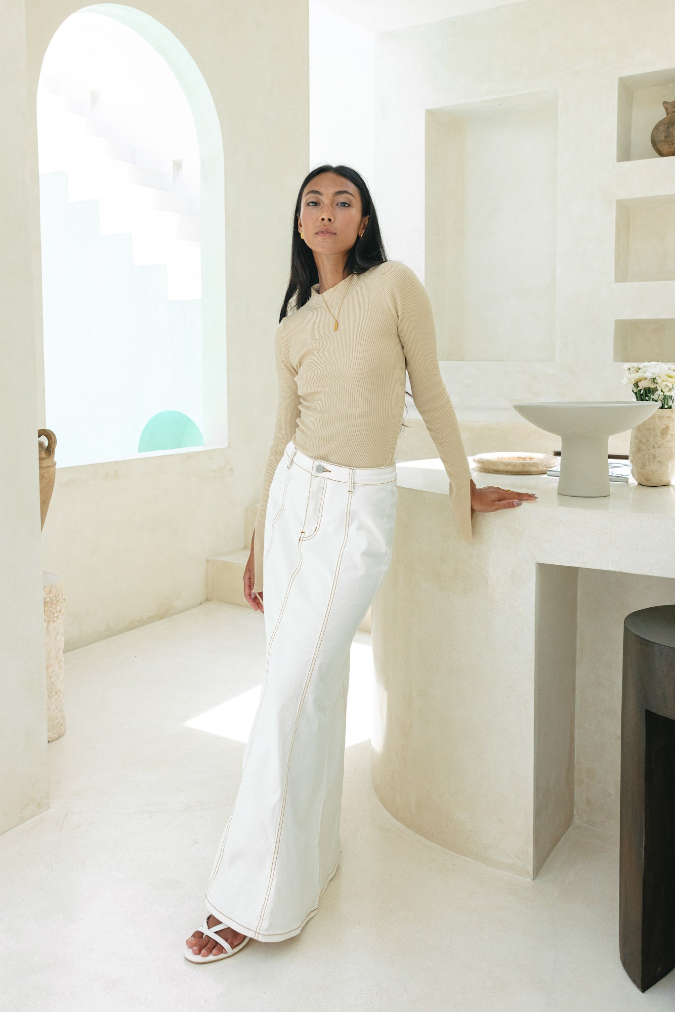 Heychic Vikki Long Sleeve Knit Top (Beige)