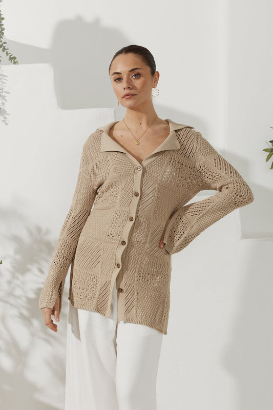 Heychic Kaori Crochet Knit Cardigan (Beige)