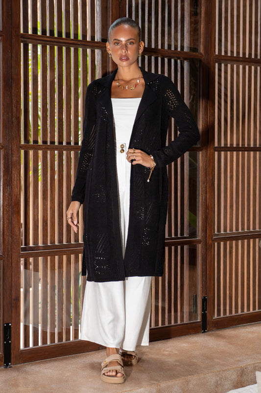 Heychic Elaine Longline Crochet Knit Cardigan (Black)