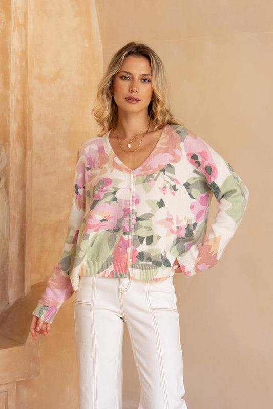 Heychic Margaret Pink Green Knit Cardigan (Floral)