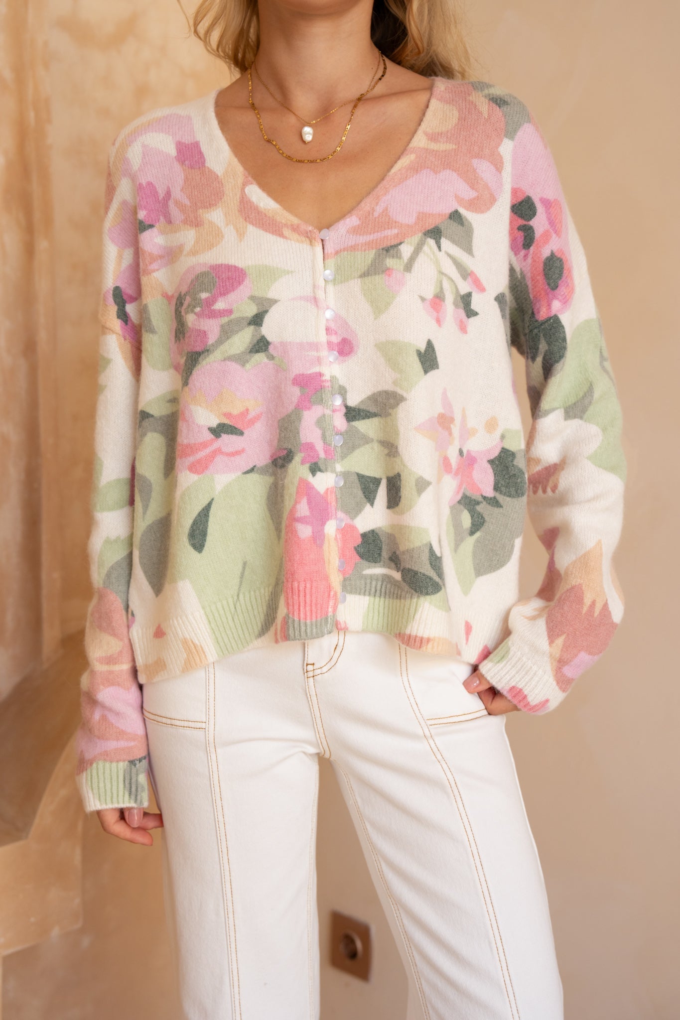 Heychic Margaret Pink Green Knit Cardigan (Floral)