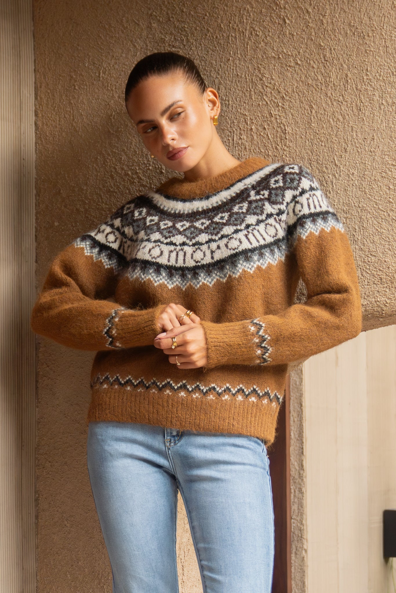 Heychic Irma Fair Isle Knit Sweater (Brown)