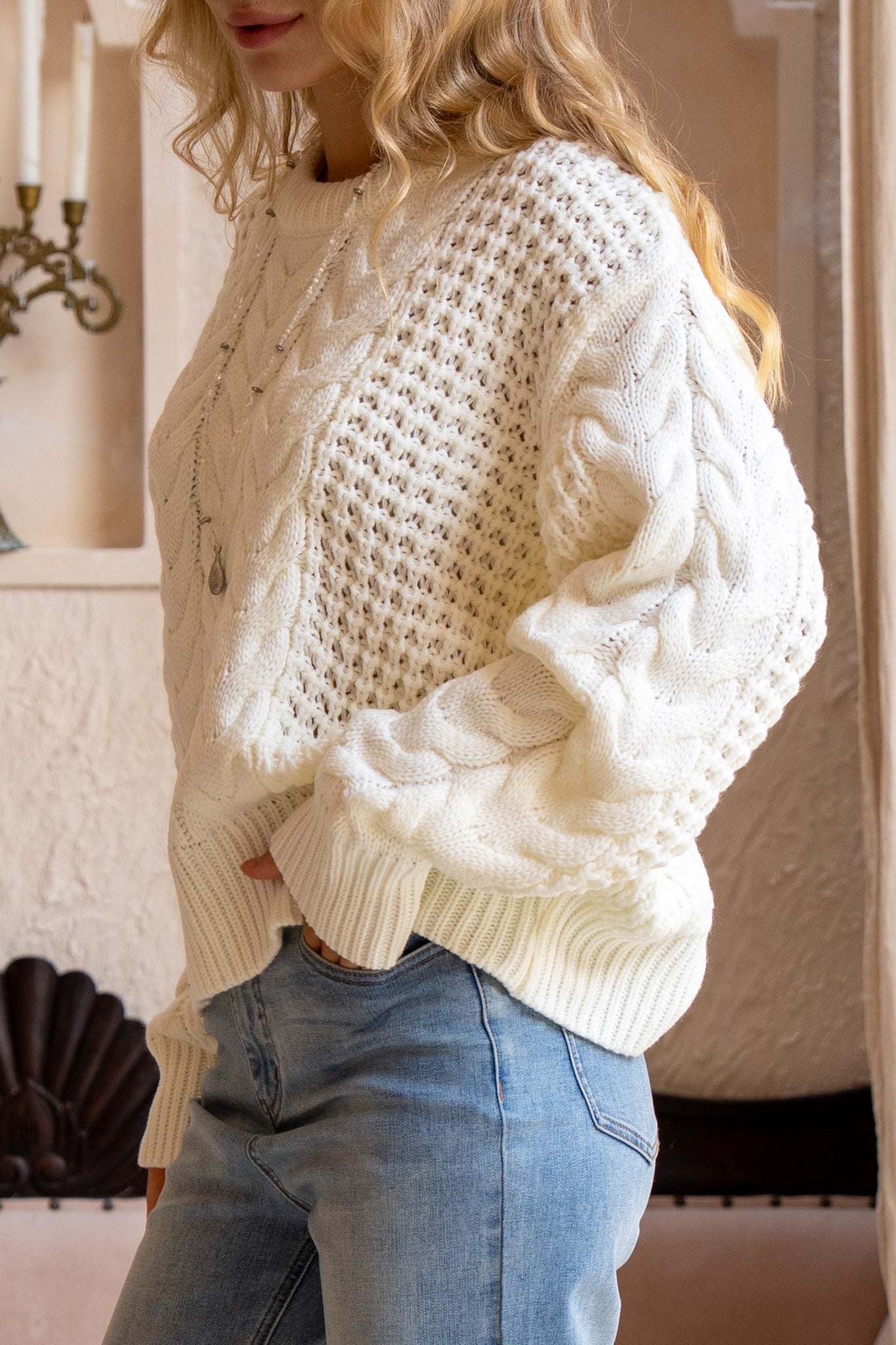HEYCHIC Alia Cable Knit Sweater (Cream)