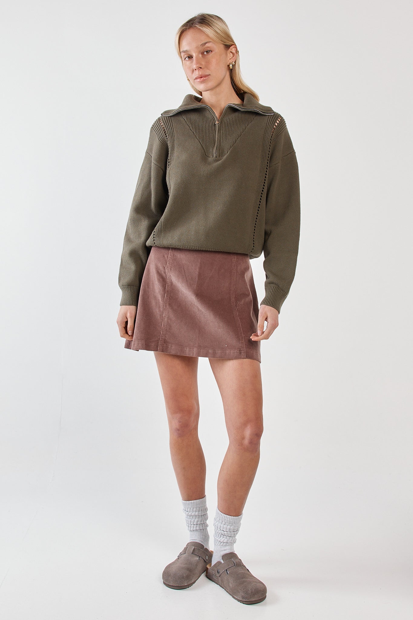 Sass Clothing Esti Pointelle Zip Up Knit (Khaki)
