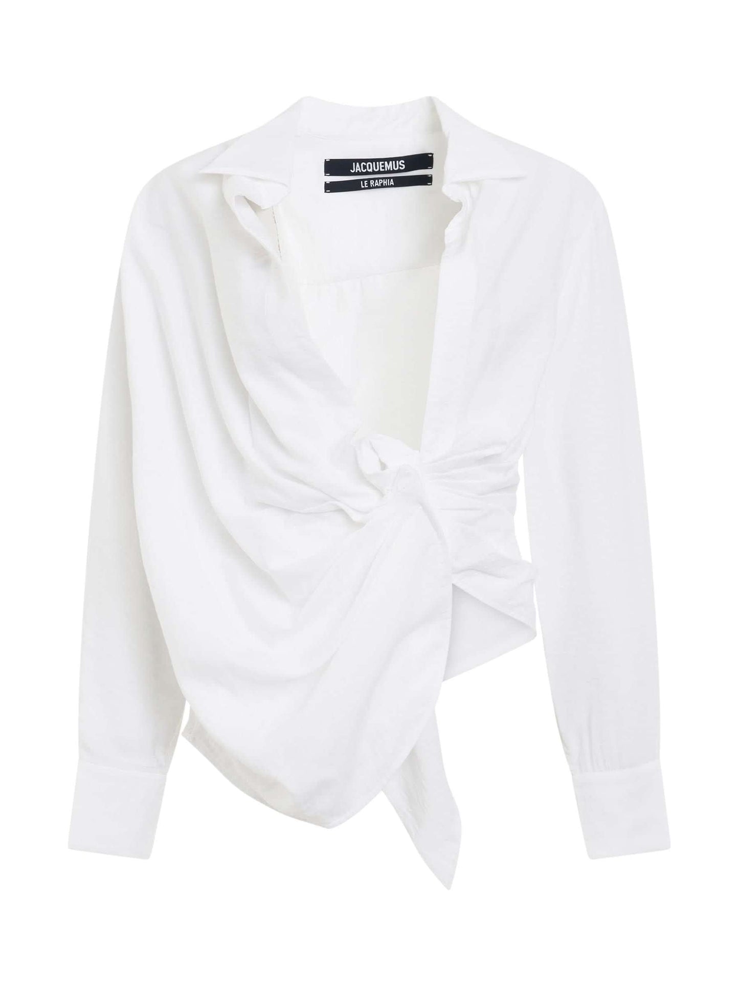 Image of a model wearing Tops. Productname: JACQUEMUS Bahia Tied Sash Shirt in White colour by brand - JACQUEMUS
