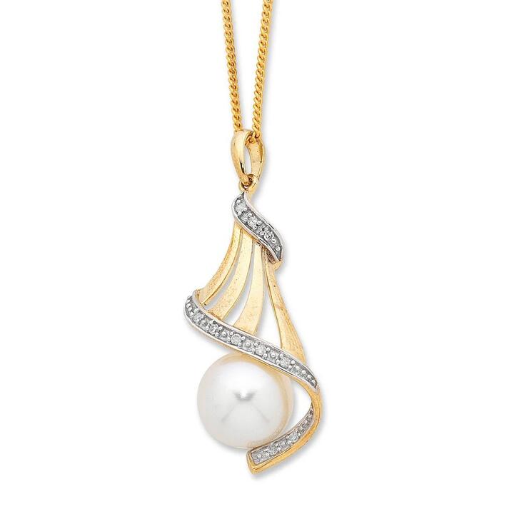 Image of Necklaces. Productname: 9kt Yellow Gold Freshwater Pearl & Diamond Set Necklace in Diamond colour by brand - Bevilles