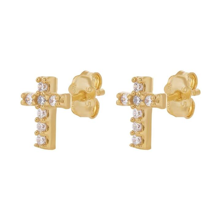 Image of Earrings. Product name - Cubic Zirconia Cross Studs in 9kt Yellow Bonded Gold in colour by brand - Bevilles