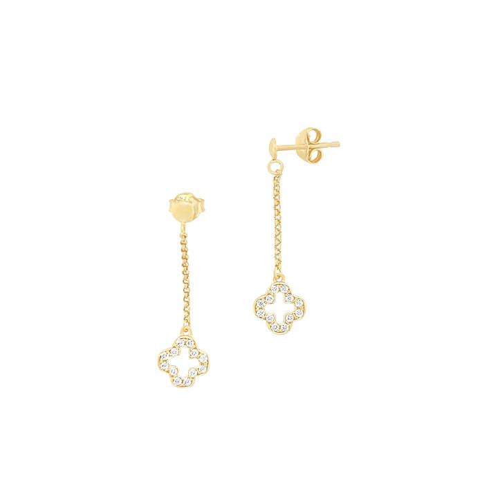 Image of Earrings. Product name - Cubic Zirconia Clover Drop Stud Earrings in 9kt Yellow Bonded Gold in colour by brand - Bevilles