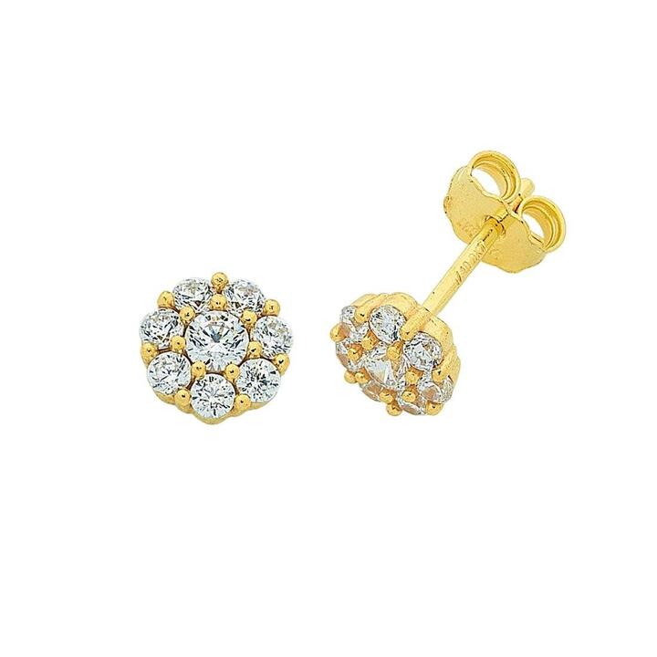 Image of Earrings. Productname: 9kt Yellow Gold Silver Infused Cubic Zirconia Flower Stud Earrings in Gold colour by brand - Bevilles